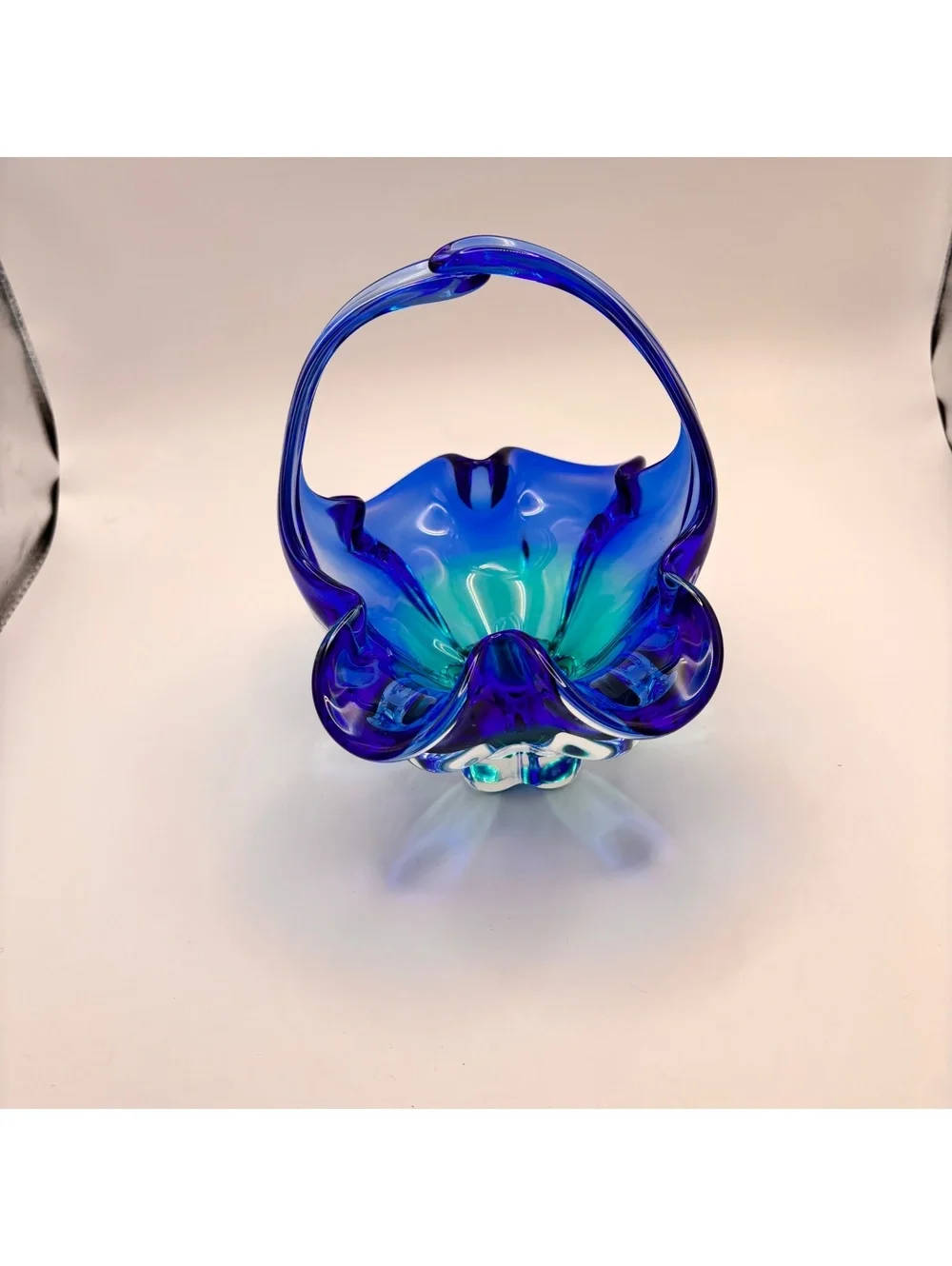 Vintage Cobalt Blue Hand-Blown Art Glass Basket Ruffled Rim Murano Style